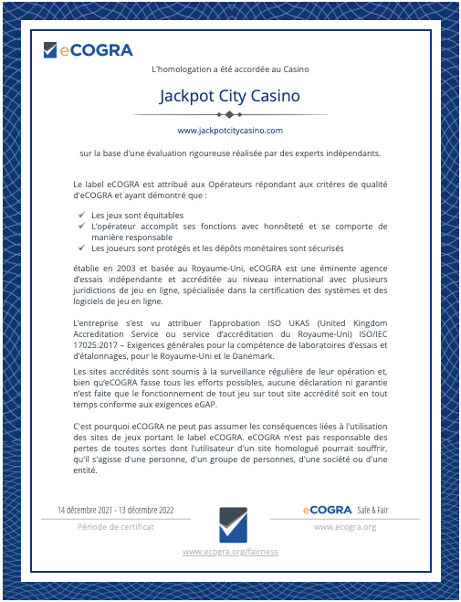 Jackpot City eCogra Serificate