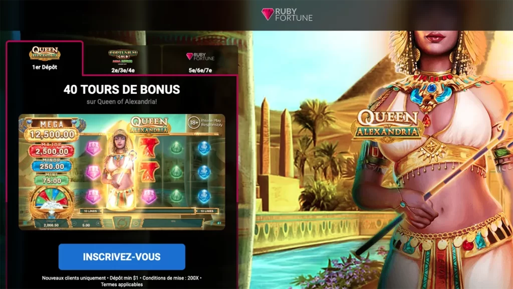 Ruby Fortune 40 TOURS DE BONUS sur Queen of Alexandria