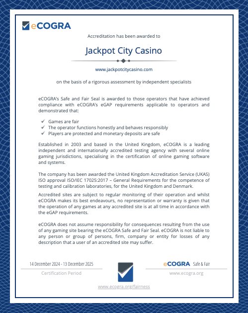 Jackpot City Casino eCogra certificate
