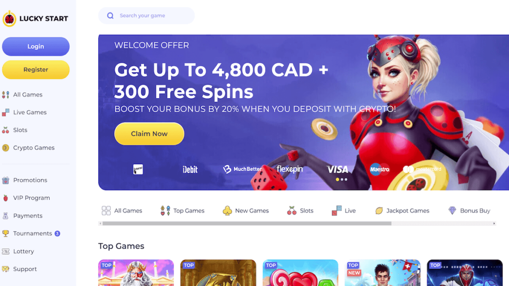 Lucky Start casino homepage CA