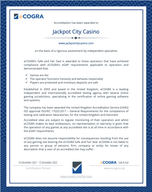 JackpotCity Casino eCogra certificate