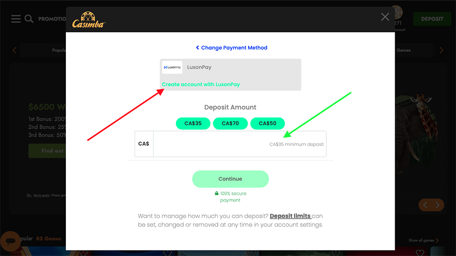 Casimba Casino Luxon Pay Deposit Screen