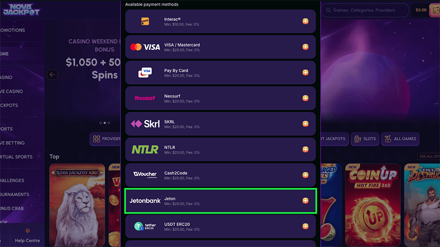 NovaJackpot Casino Jeton Deposits