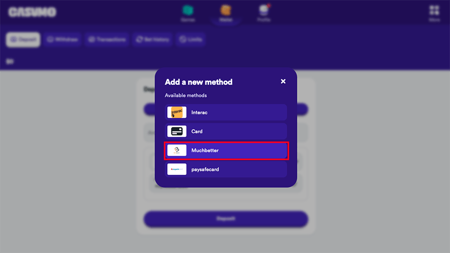 Casumo Casino MuchBetter Deposit Screenshot