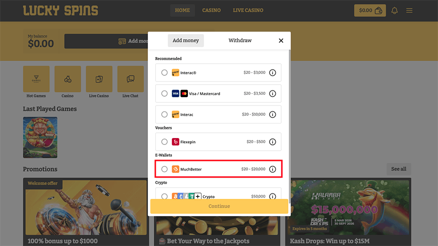 Lucky Spins Casino MuchBetter Deposit Screenshot