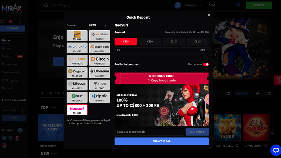 Mirax Casino Neosurf Deposit