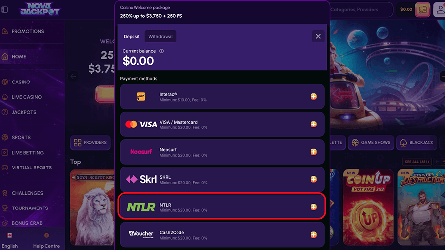 NovaJackpot Casino Neteller Deposit