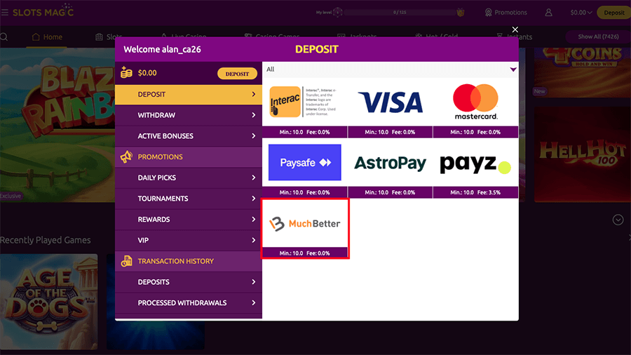 SlotsMagic Casino MuchBetter Deposit Screenshot