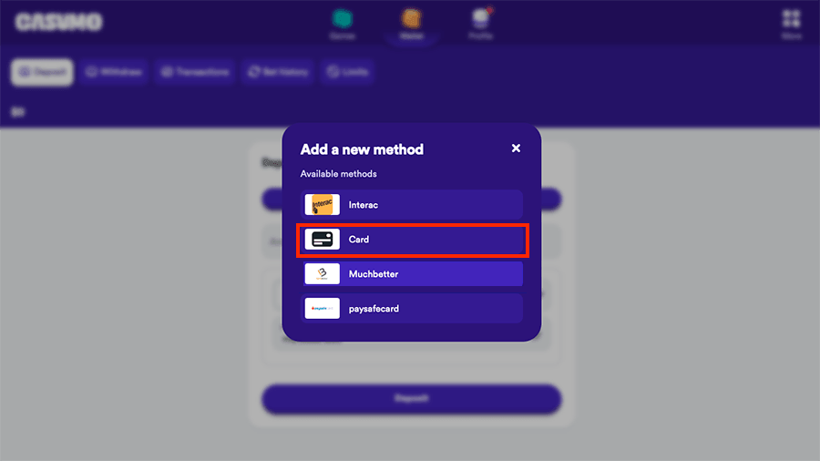 Casumo Casino Visa Deposit Screenshot