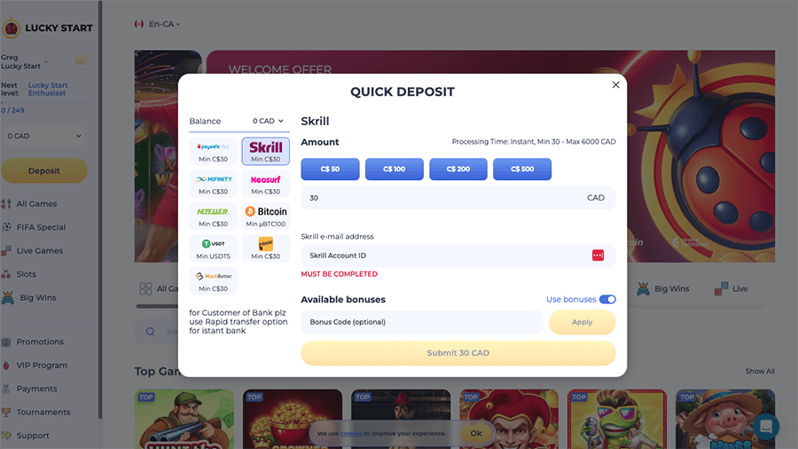 LuckyStart Casino Skrill Deposit