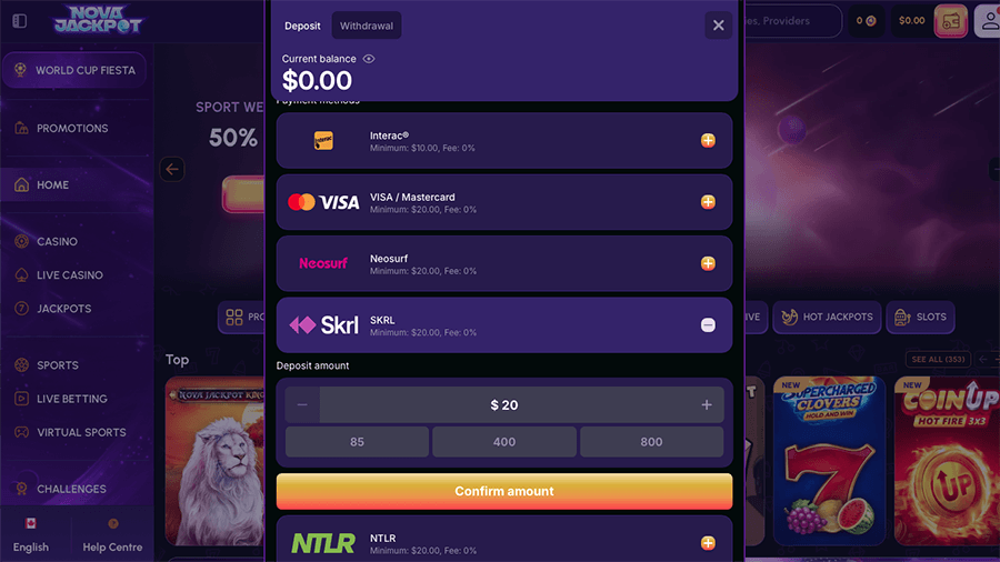 NovaJackpot Casino Skrill Deposit