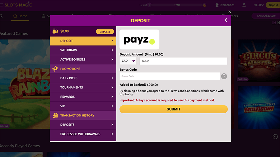 SlotsMagic Casino Payz Deposits