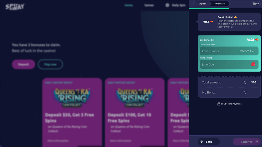 SpinAway Casino Visa Deposit