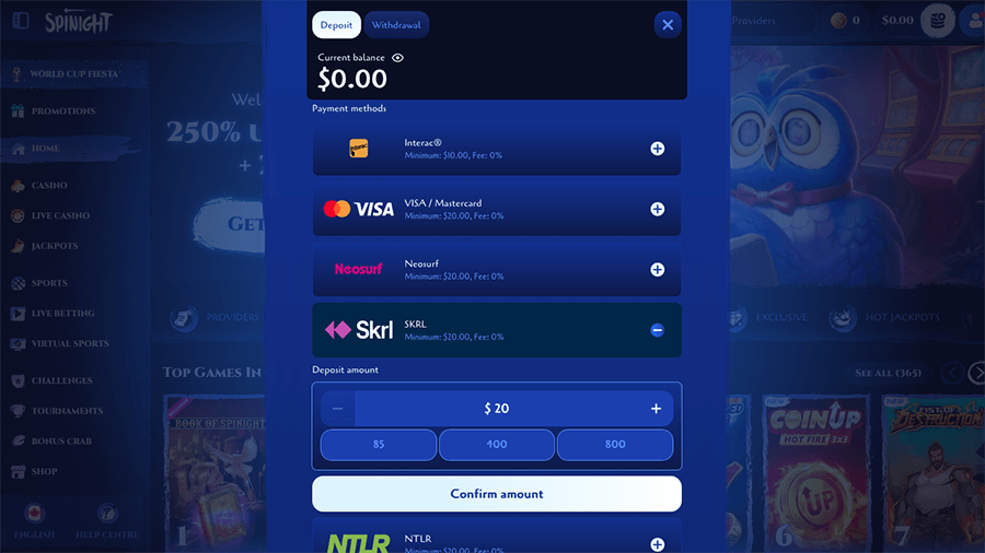 Spinight Casino Skrill Deposit