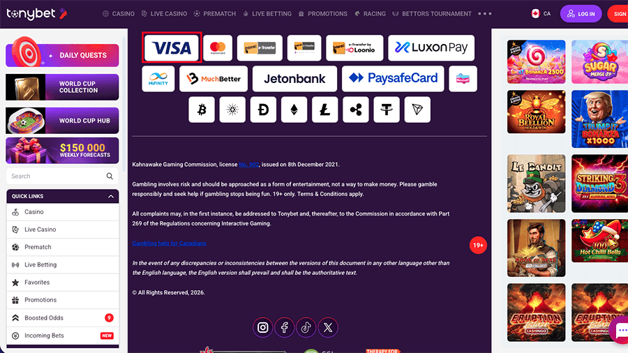 TonyBet Casino Visa Screenshot